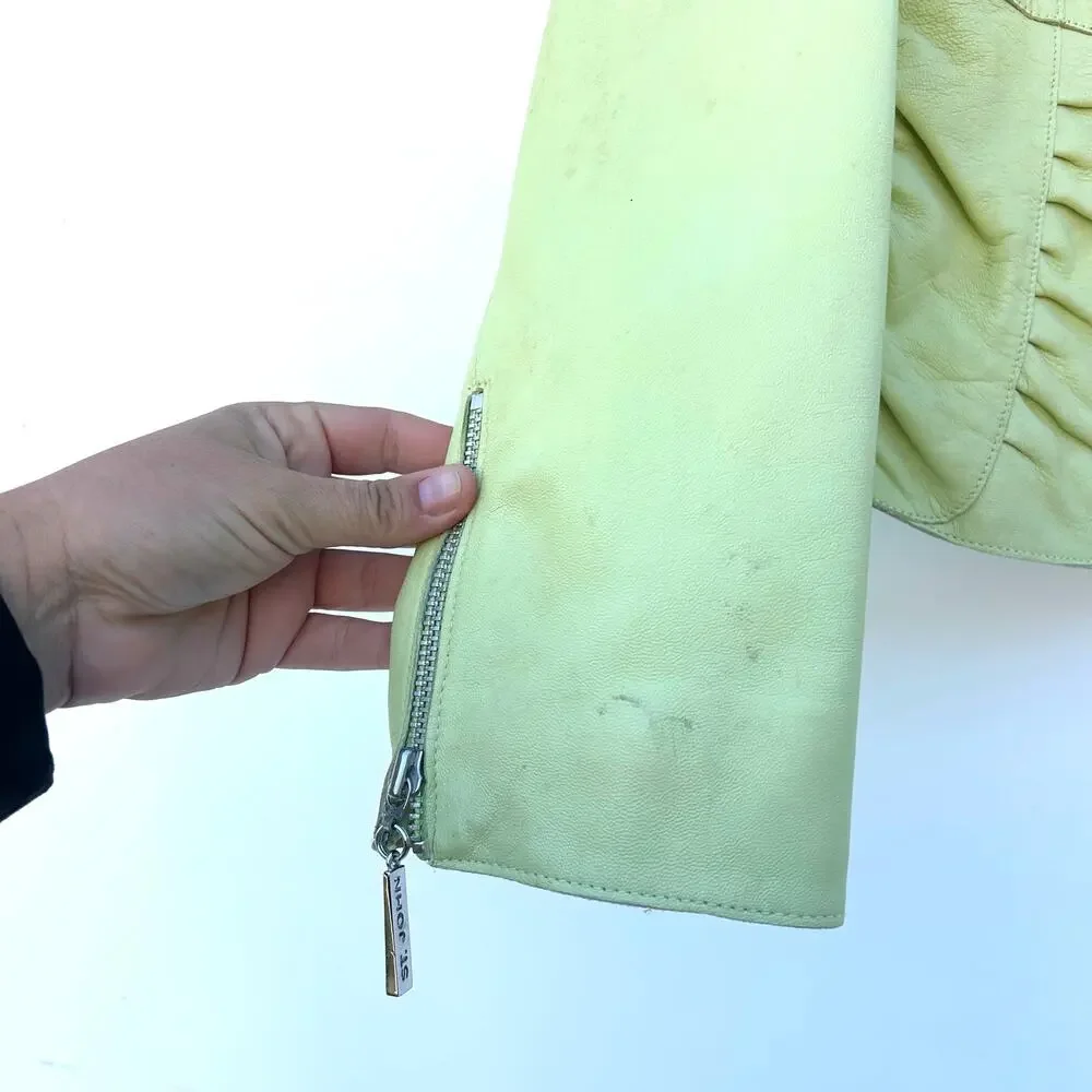 St. John Coats Y2K Vintage Like Green Leather Blazer Jacket Small Zip Statement